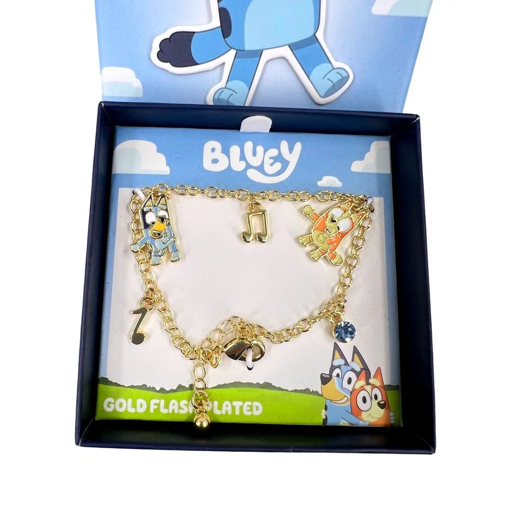 Bluey‎ Charm Bracelet Kids Gold Flash Plated Bluey & Bingo Charms NWT Gift Box
